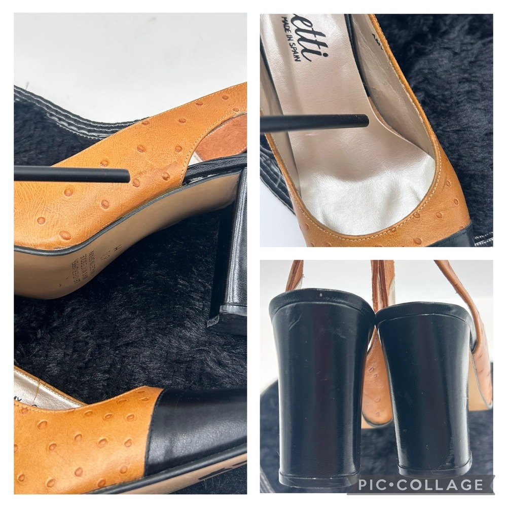Renetti Amy Slingback Heels Ostrich Embossed Leather Black Toe Block Heel 6.5M - Picture 5 of 13